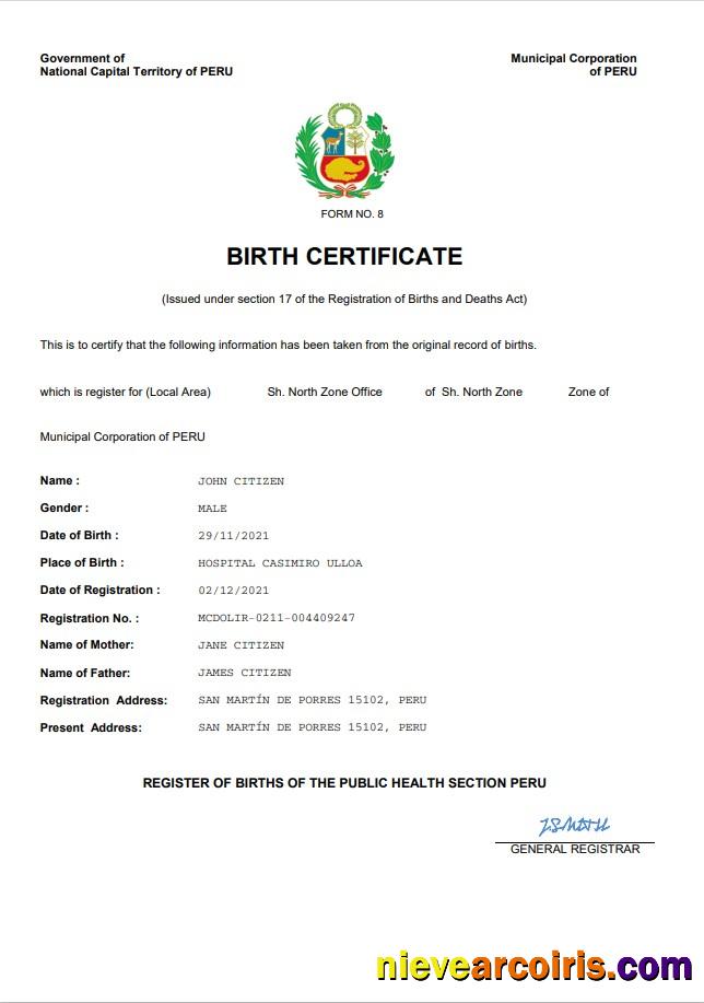 Peru birth certificate